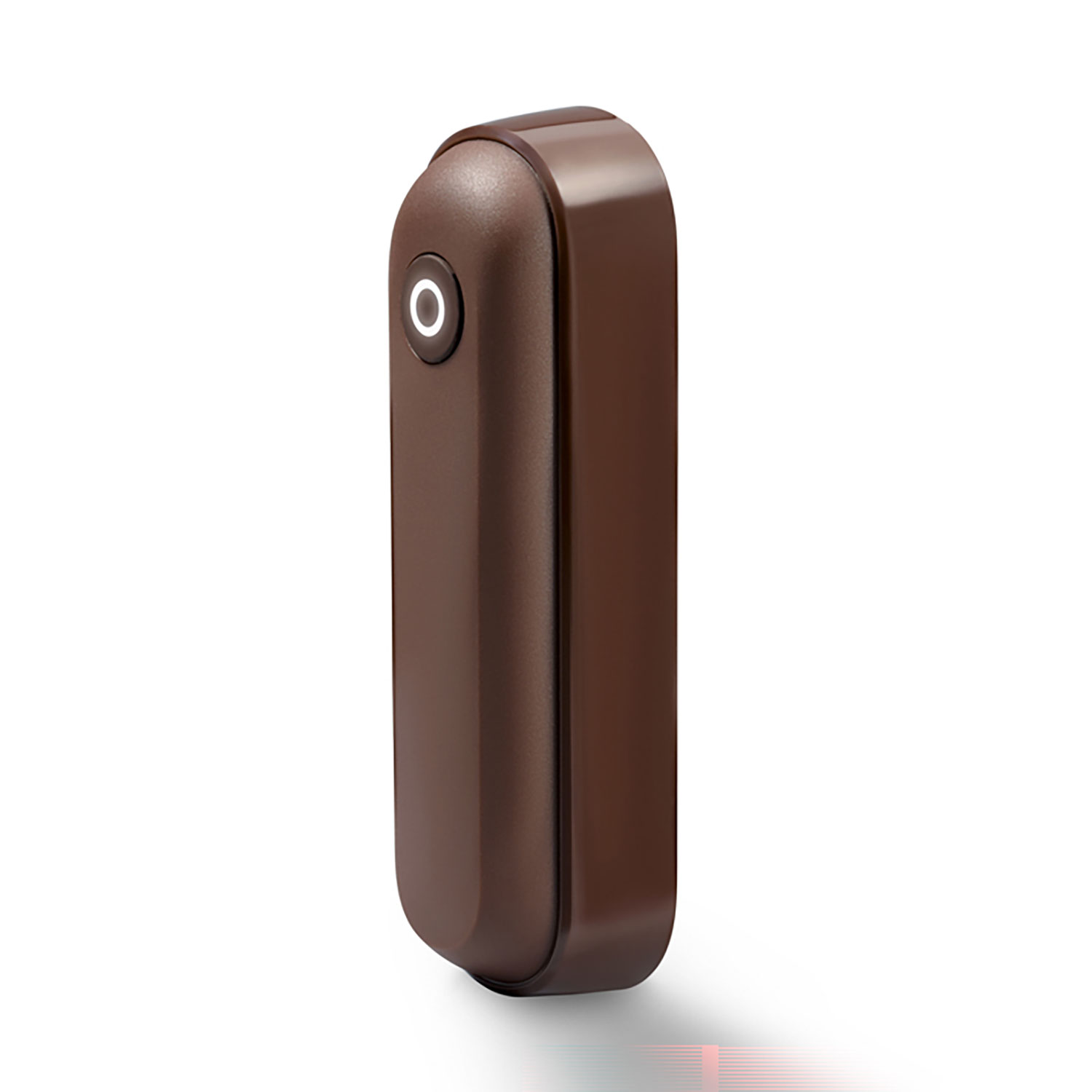 Brązowe, prostokątne urządzenie z zaokrąglonymi krawędziami. Okrągły przycisk z białym obrysem jest widoczny na górze. Cień poniżej.