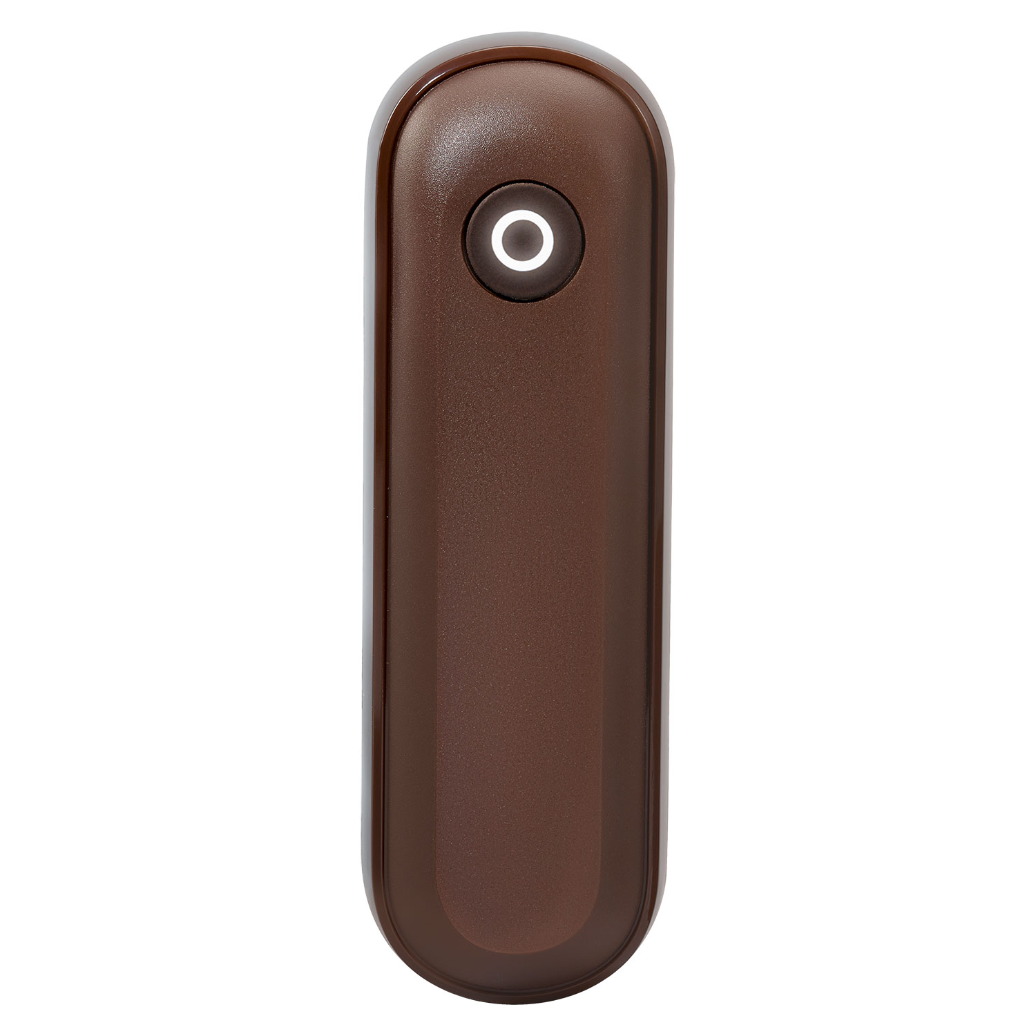 Brązowe, zaokrąglone prostokątne urządzenie z okrągłym przyciskiem na górze. Przycisk ma biały, podświetlany pierścień.