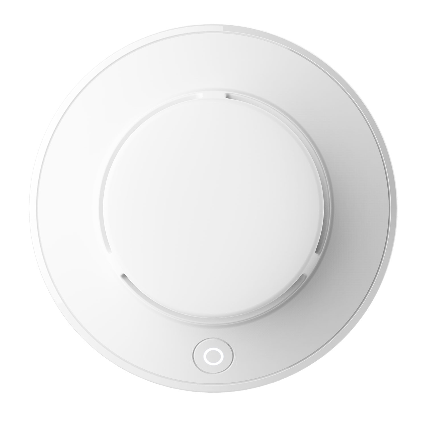 Weißer Rauchmelder. Rundes Design mit einem zentralen erhabenen Teil und einer Kontrollleuchte. Sauberes, modernes Aussehen.