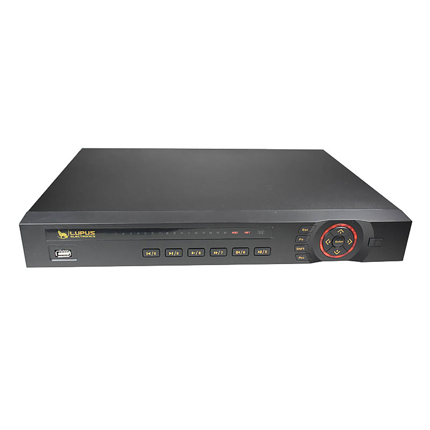 Ein schwarzer DVR-Rekorder mit Knöpfen und einem USB-Anschluss. Der Markenname Lupus Electronics ist sichtbar. Der Hintergrund ist weiß.