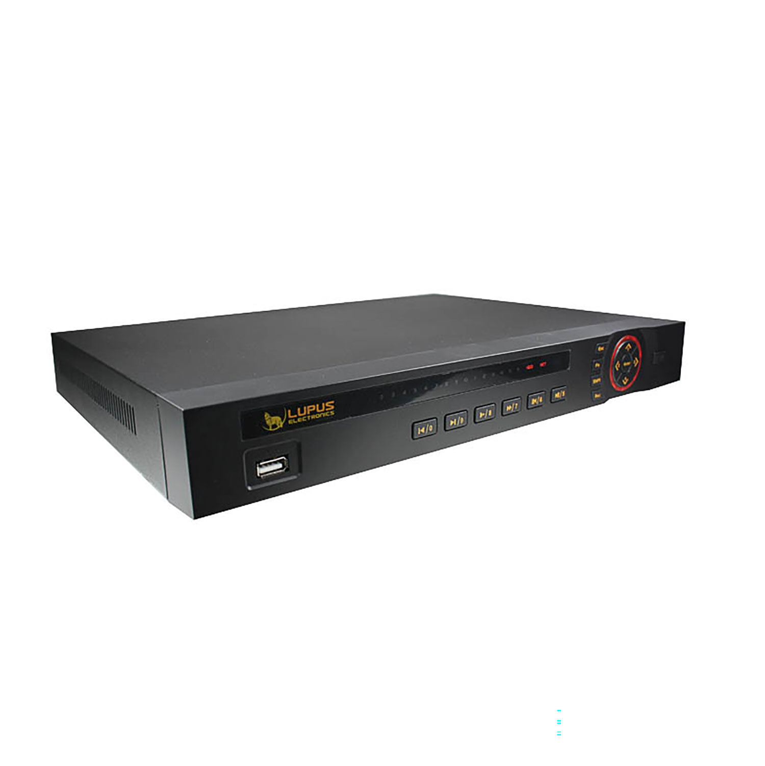 Ein schwarzer DVR mit Knöpfen und einem USB-Anschluss wird angezeigt. Das Gerät hat das Lupus Electronics-Logo und rote Akzente.