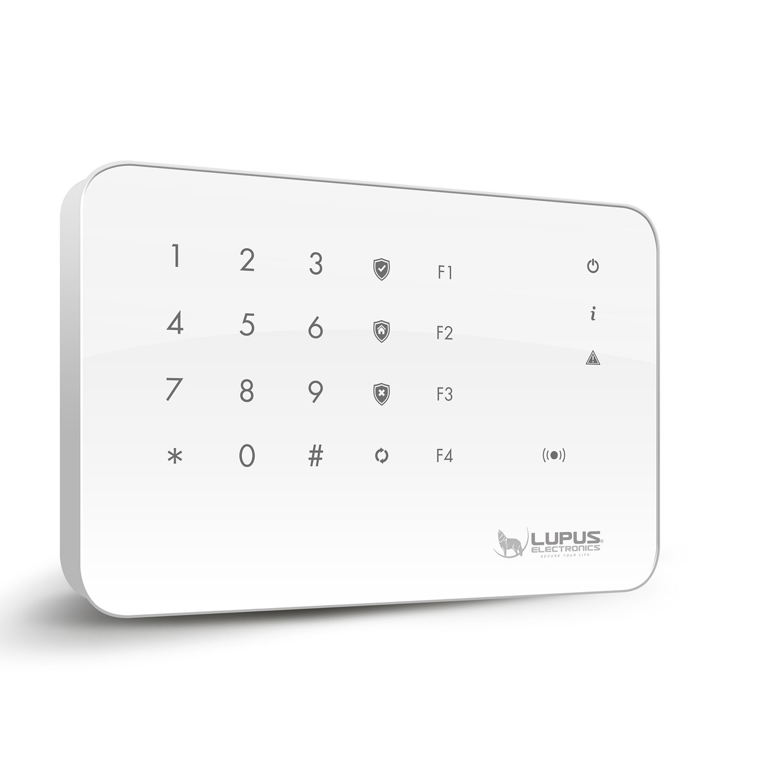 Weißes Tastenfeld mit Zahlen, Funktionstasten und Symbolen. Verfügt über einen Netzschalter, ein Informationssymbol und ein Logo für Lupus Electronics.