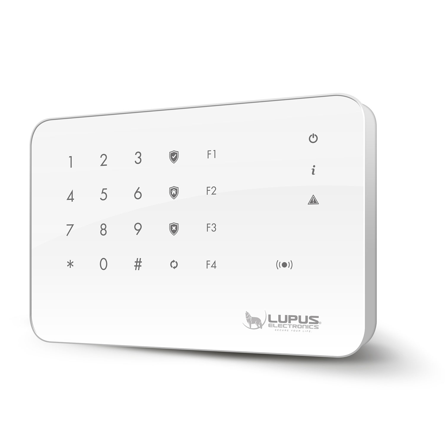 Ein weißes Sicherheits-Tastenfeld mit Zahlen, Funktionstasten und Symbolen. Das Lupus Electronics-Logo befindet sich unten rechts.