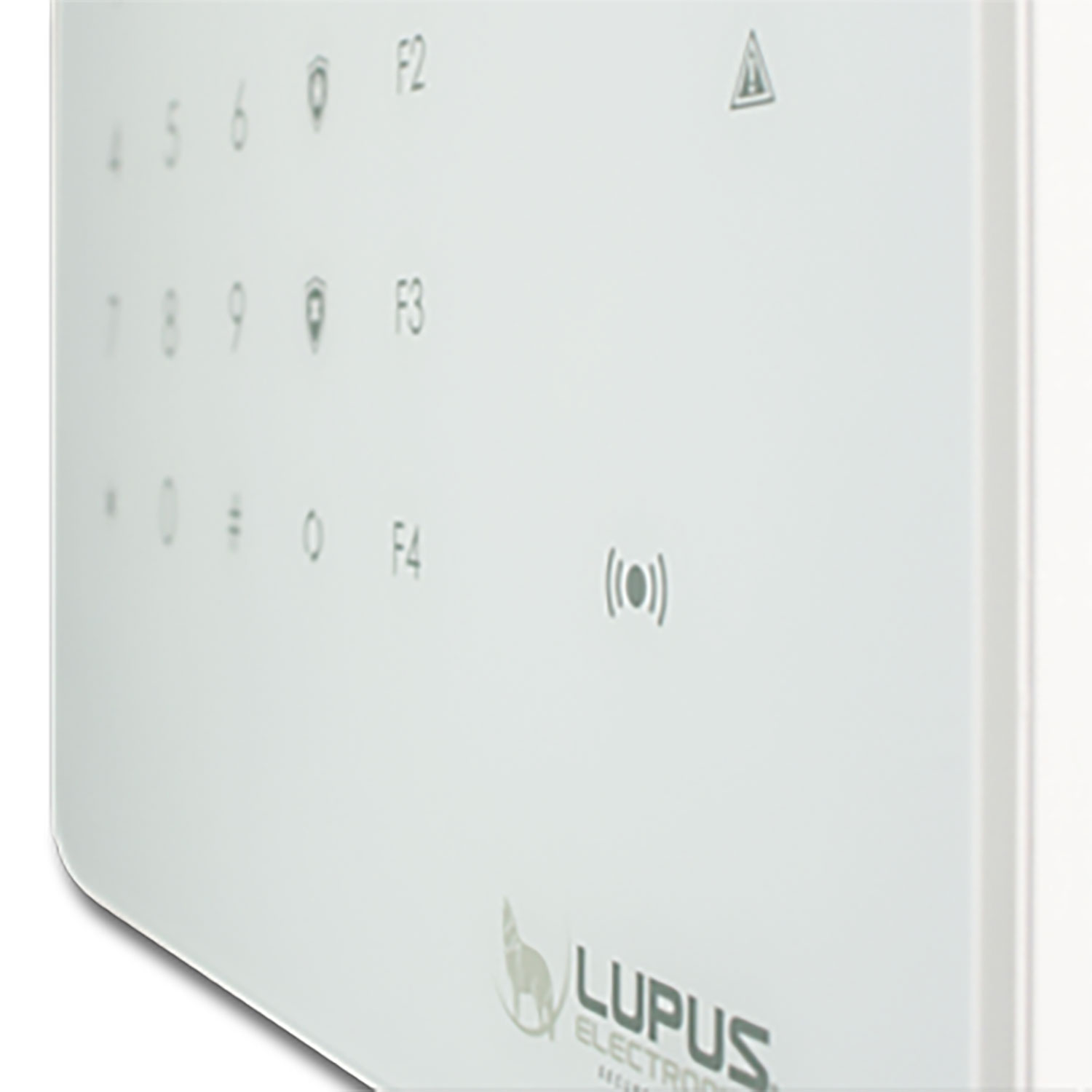 Weißes Bedienfeld des Sicherheitssystems. Zahlen, Symbole und Funktionstasten sind sichtbar. Das LUPUS-Logo befindet sich unten rechts.