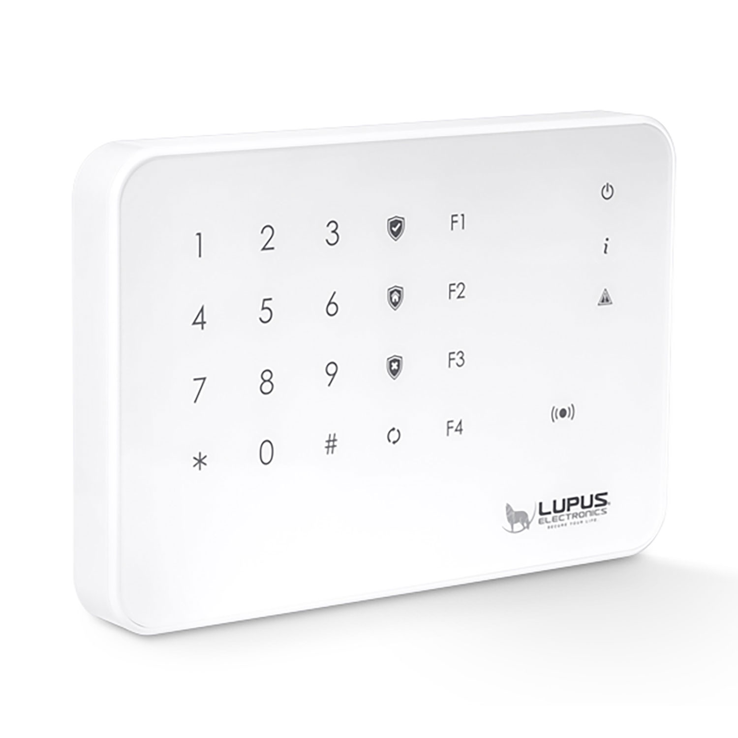 Eine weiße Tastatur für das Sicherheitssystem mit Zahlen, Funktionstasten und einem Logo. Sie verfügt über Tasten für Strom, Informationen und ein Warnsymbol.