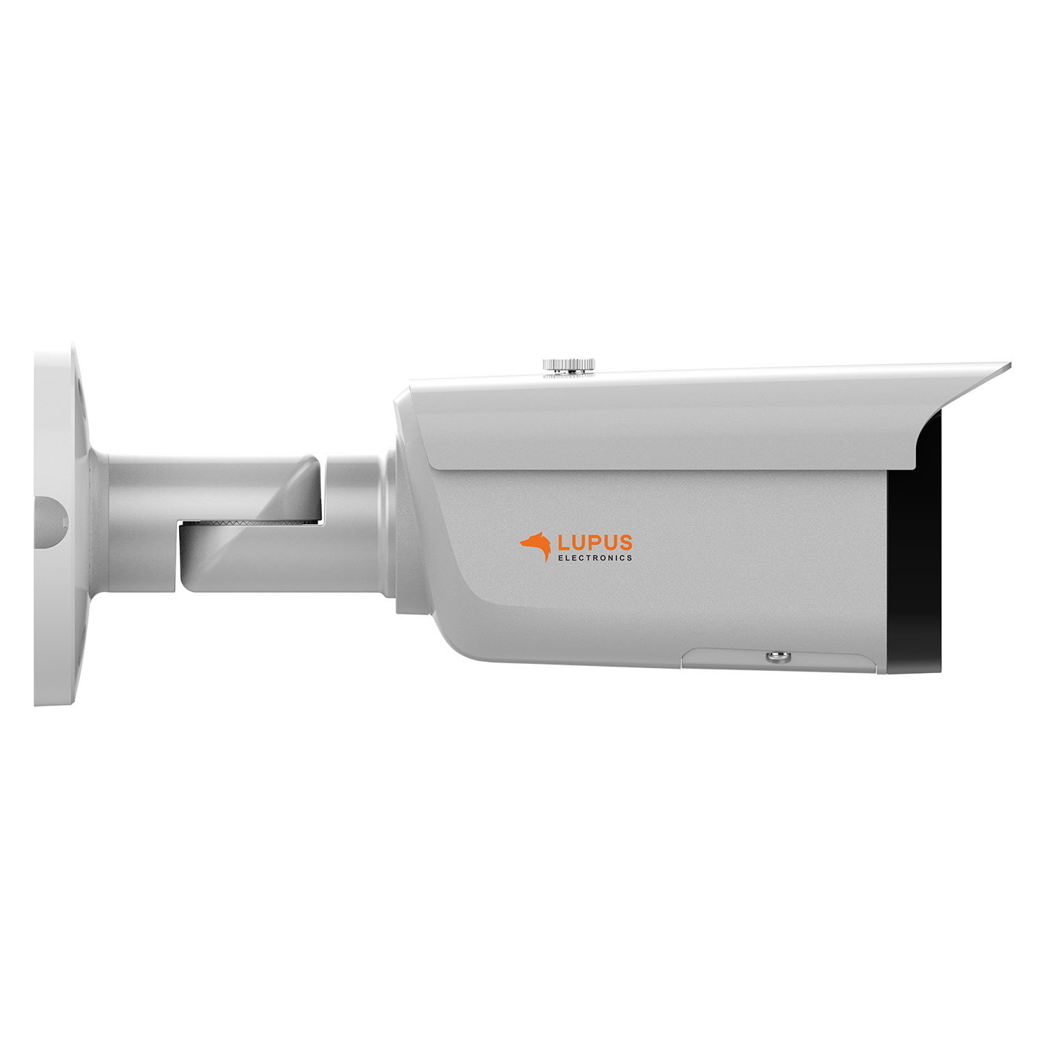 Eine weiße Überwachungskamera mit dem Logo von LUPUS electronics auf weißem Hintergrund.