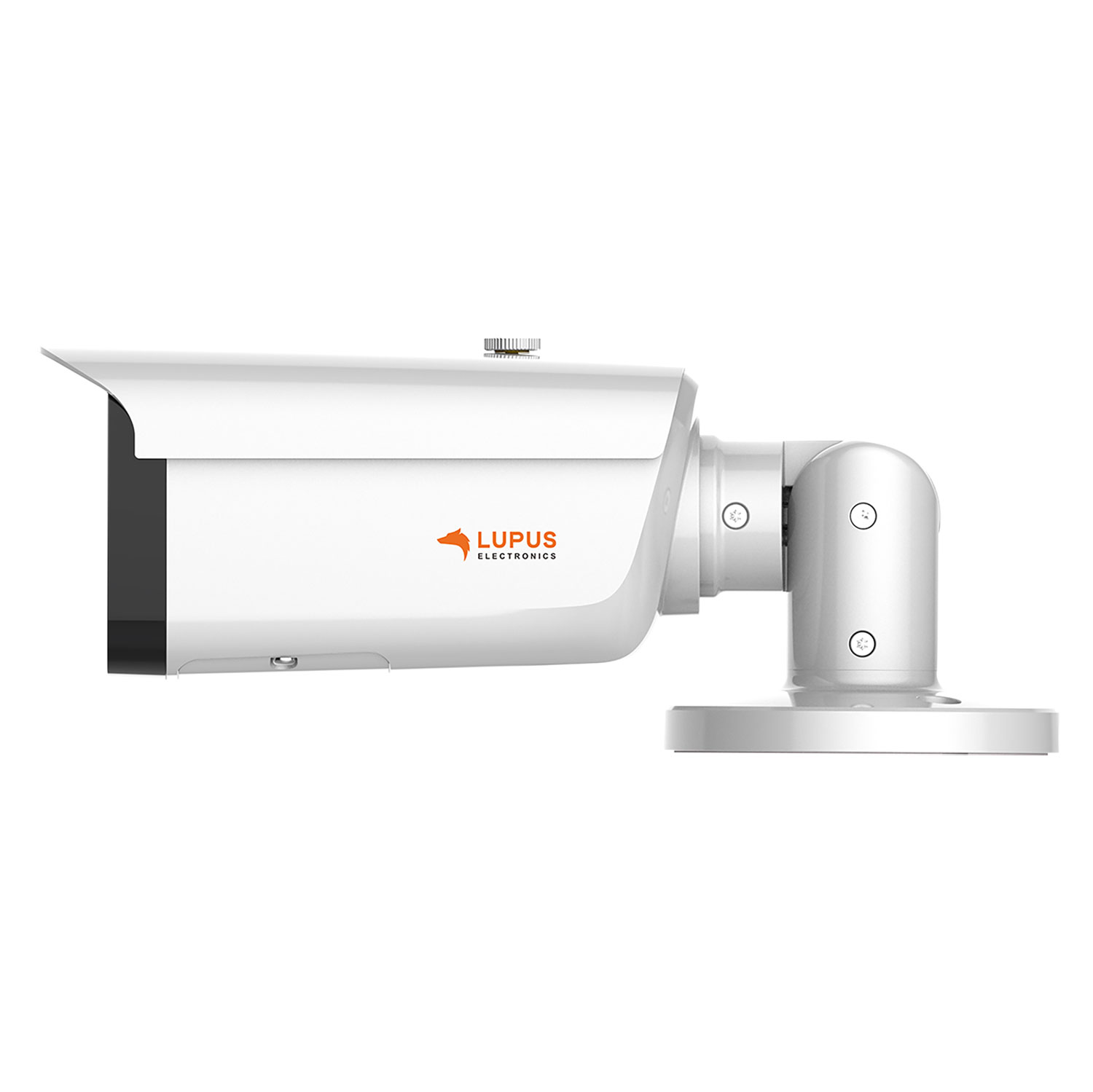 Eine weiße Überwachungskamera mit dem Lupus Electronics Logo, montiert an einer weißen Halterung, vor weißem Hintergrund.