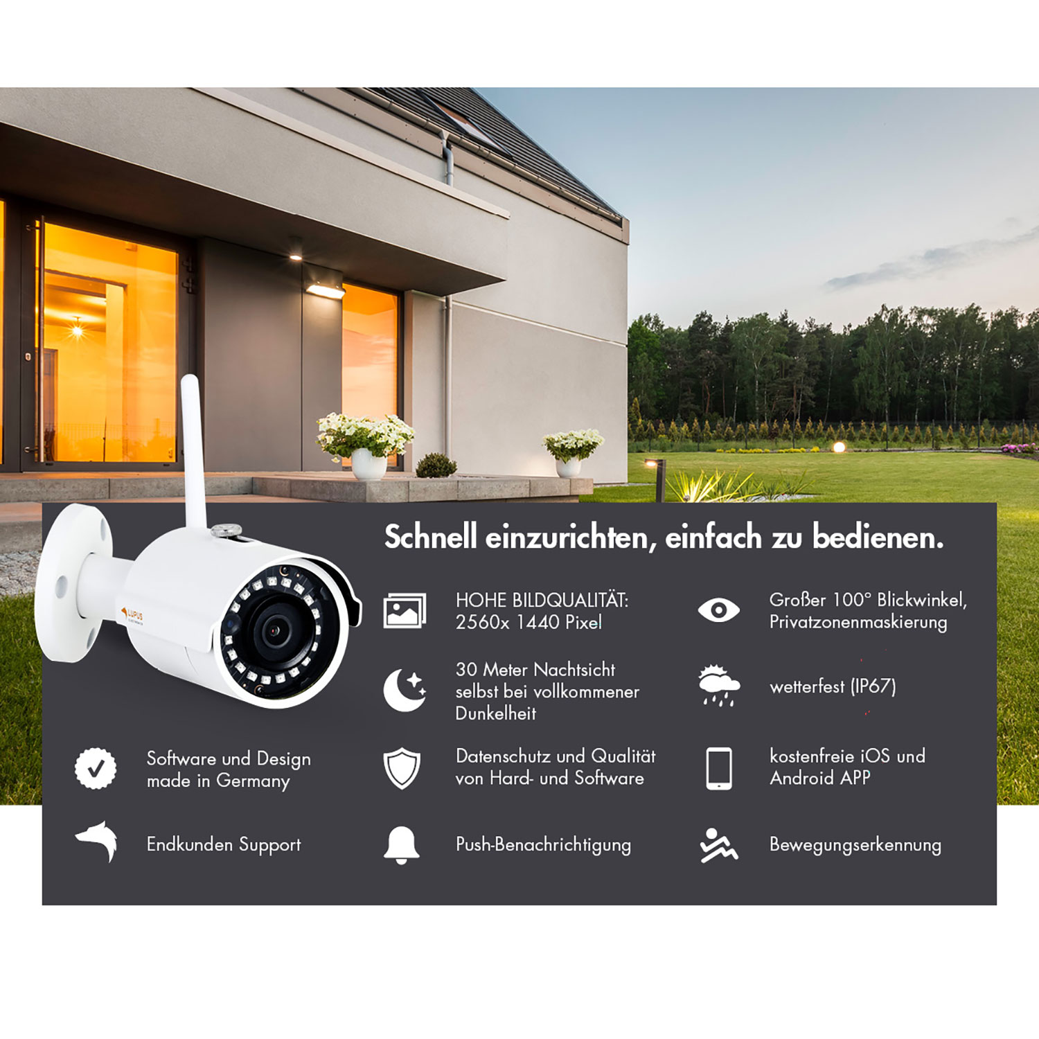 Eine weiße Überwachungskamera mit Antenne ist an einem Haus angebracht. Text beschreibt Funktionen wie Nachtsicht und App-Unterstützung.