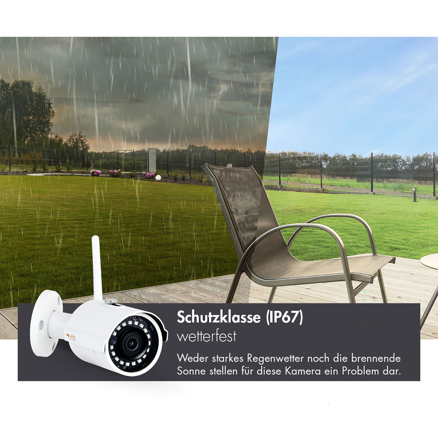 Eine weiße Überwachungskamera mit Antenne. Die Szene zeigt Regen links und sonniges Wetter rechts, was die Wetterbeständigkeit veranschaulicht.
