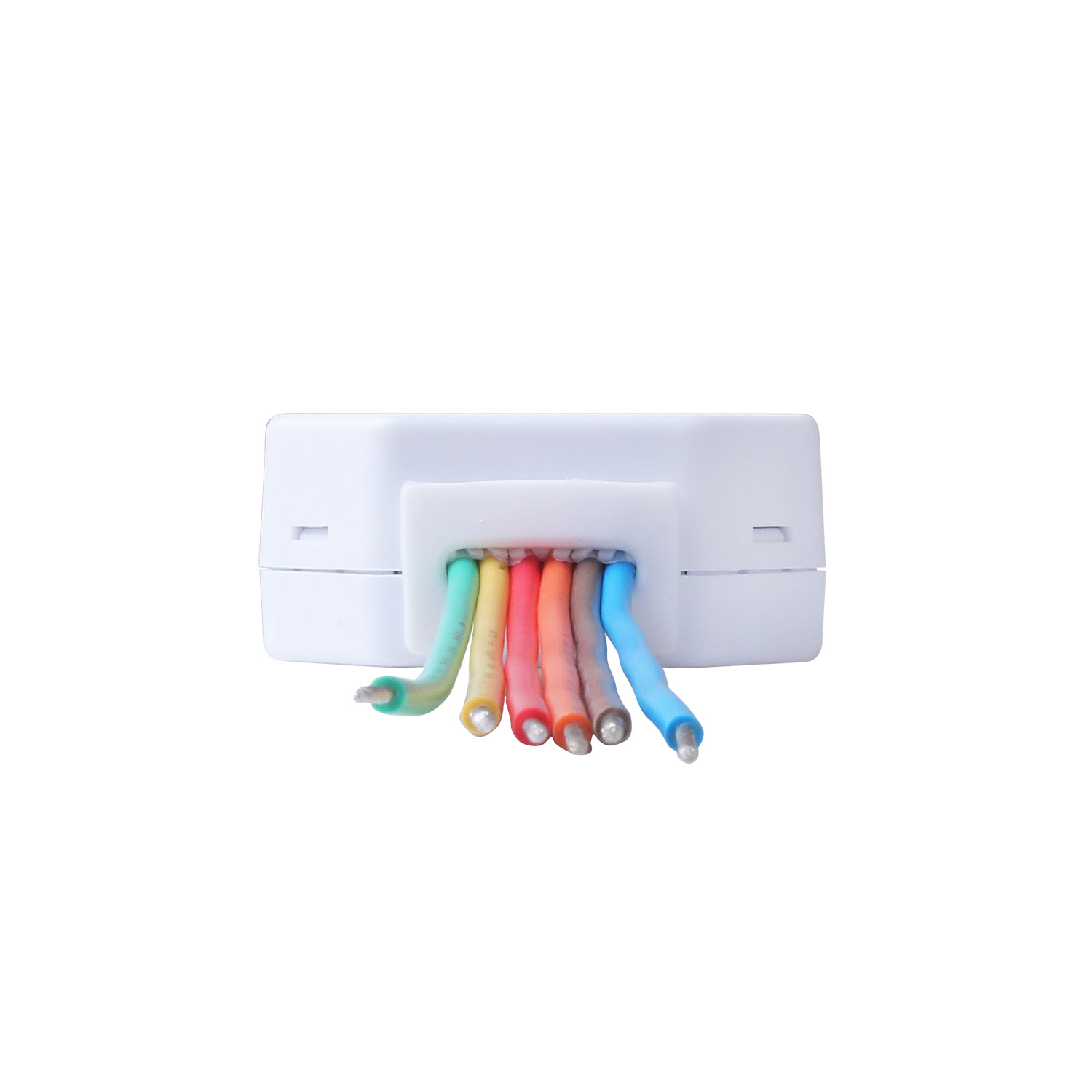 Ein weißes elektrisches Bauteil mit bunten herausragenden Drähten. Die Drähte sind grün, gelb, rot, orange, grau und blau.
