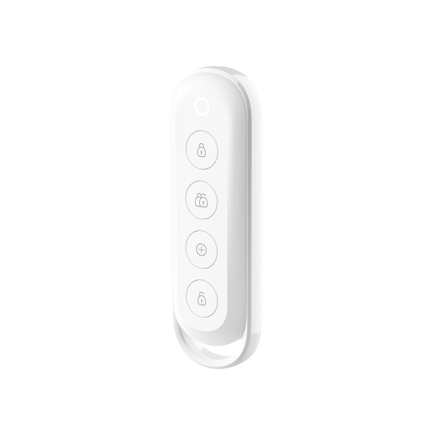 Un telecomando bianco con quattro pulsanti: blocca, sblocca, più e blocca. Ha una forma arrotondata e una piccola spia in alto.