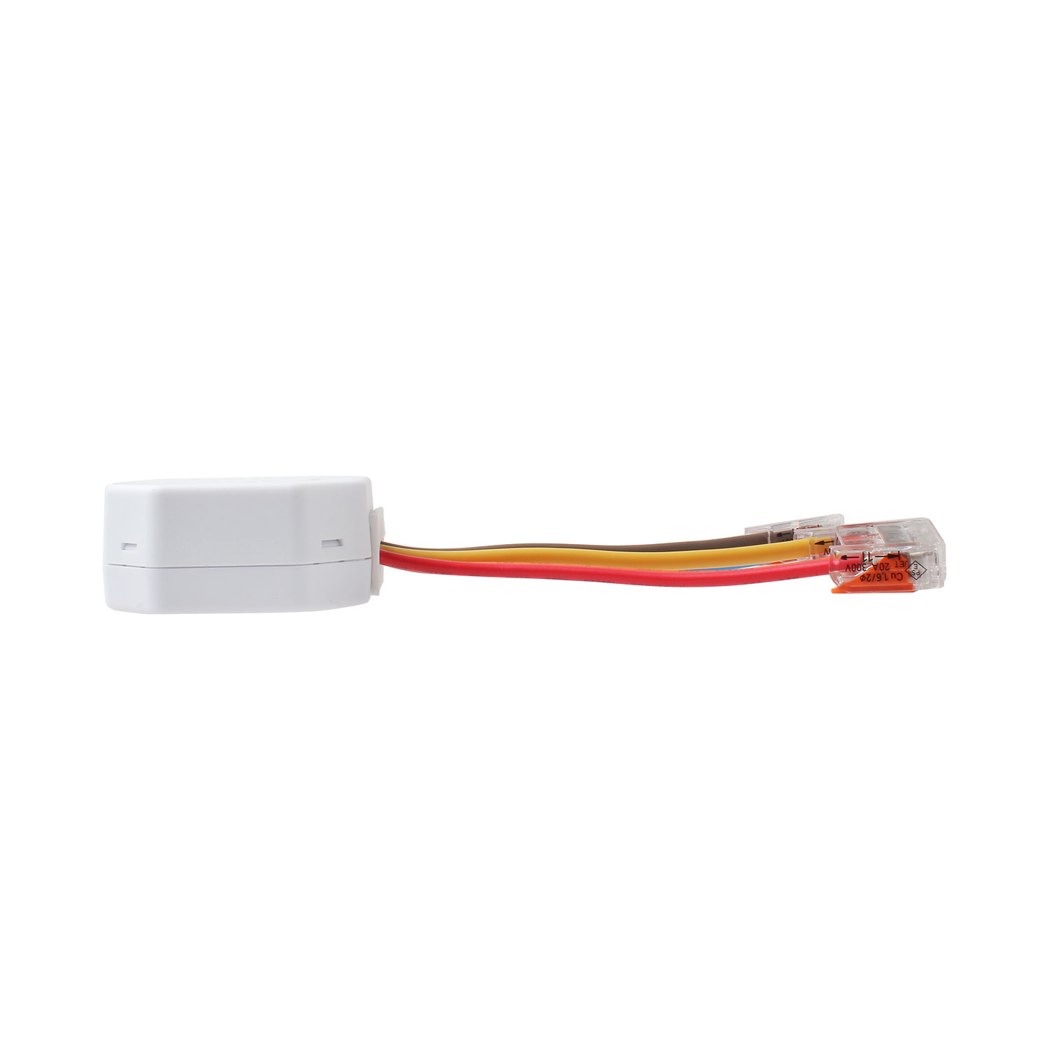 Eine weiße elektrische Komponente mit farbigen Drähten, die sich von ihr aus erstrecken. Die Drähte sind rot, gelb und braun. Klare Stecker sind angebracht.