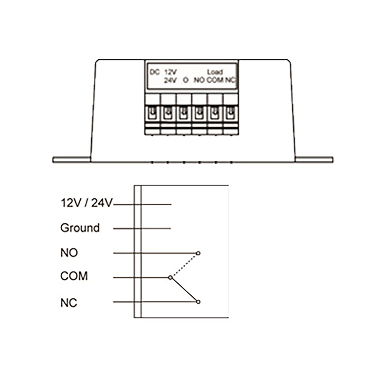 Diagramm einer elektrischen Komponente. Beschriftete Klemmen sind 12V/24V, Ground, NO, COM und NC. Ein kleines Diagramm zeigt die Schaltung.