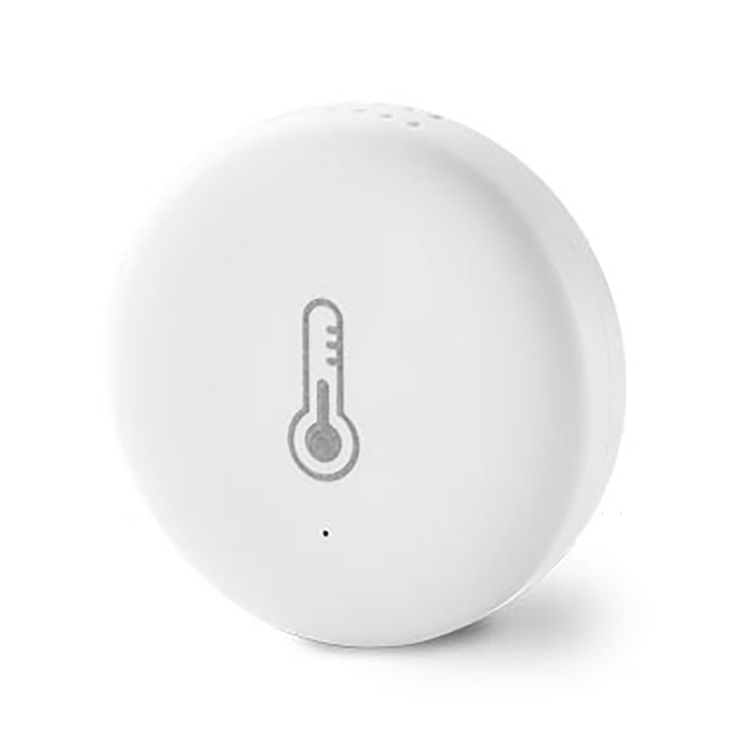 Ein weißer, runder Temperatursensor. Er hat ein Thermometer-Symbol in der Mitte. Oben befinden sich mehrere kleine Löcher und ein Punkt unter dem Symbol.