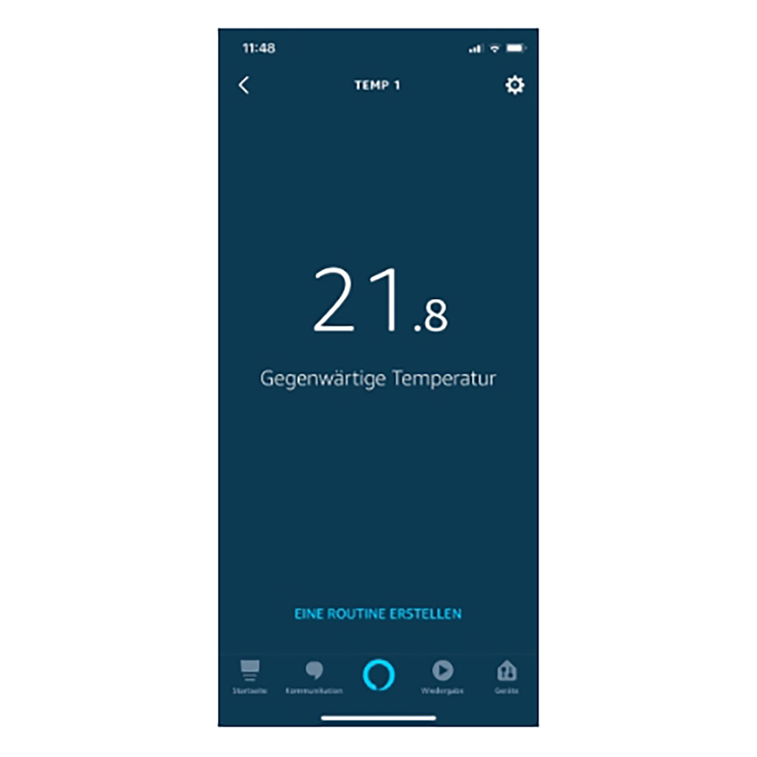 Ein Smartphone-Bildschirm zeigt eine Temperatur von 21,8 Grad. Darunter steht 'Gegenwärtige Temperatur'. Der Bildschirm zeigt App-Steuerelemente.