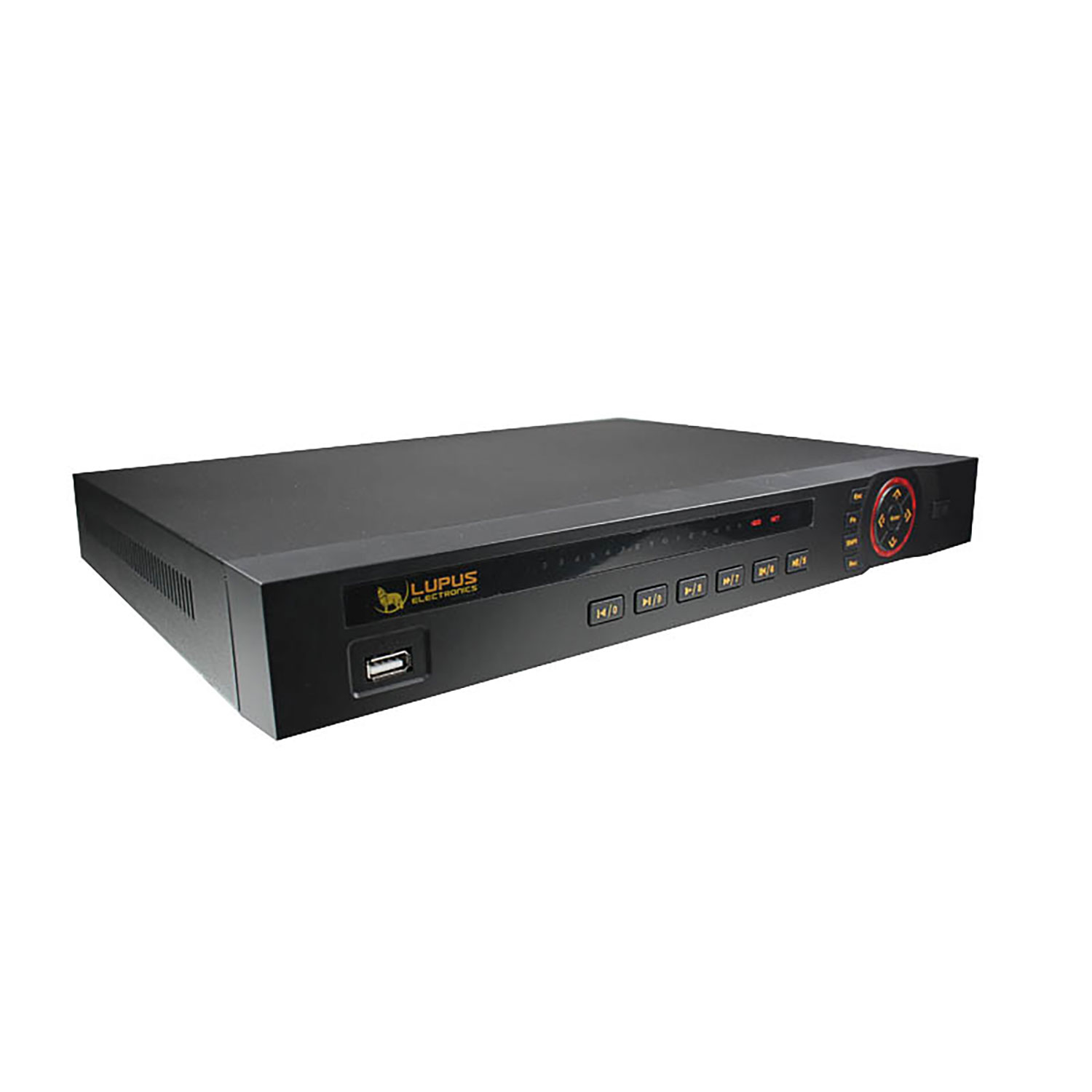 Ein schwarzes LUPUS Electronics DVR-Gerät mit Knöpfen und einem USB-Anschluss. Das Gerät befindet sich auf weißem Hintergrund.