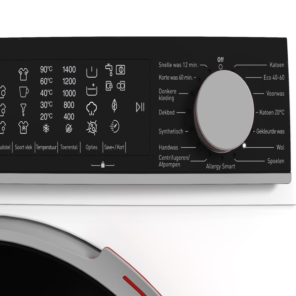 Washing machine control panel with buttons and a dial. Displays options like temperature, wash cycle, and spin speed.