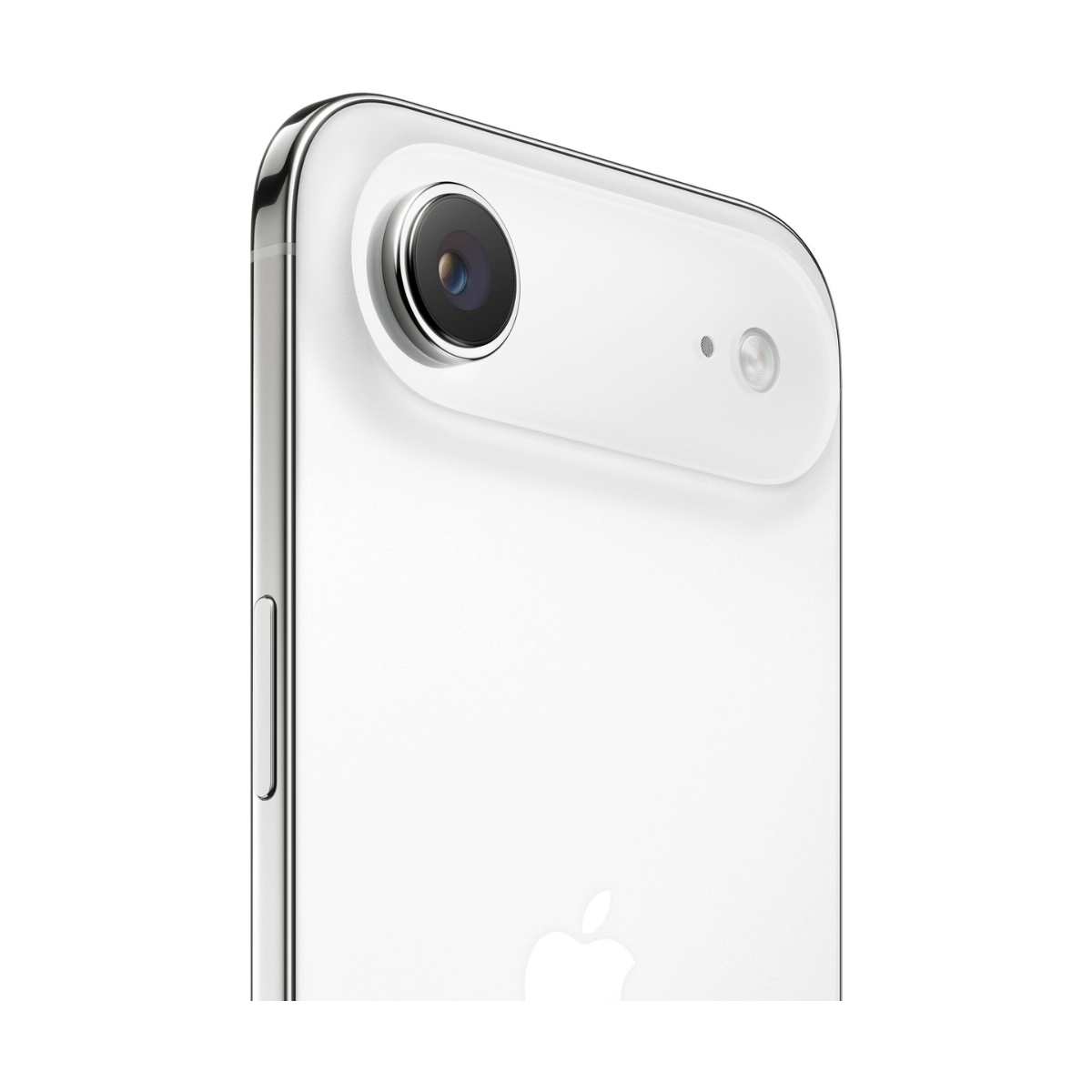 Zbliżenie białego iPhone'a. Posiada obiektyw aparatu, lampę błyskową i logo Apple. Srebrna ramka i boczny przycisk widoczne. Białe tło.