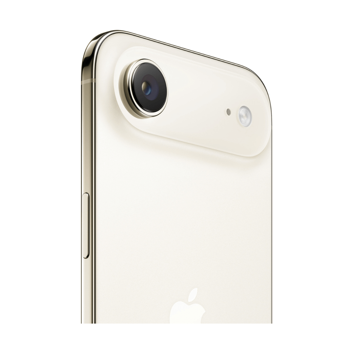 Zbliżenie kremowego iPhone'a. Tył ma aparat, lampę błyskową i logo Apple. Krawędzie są metaliczne.