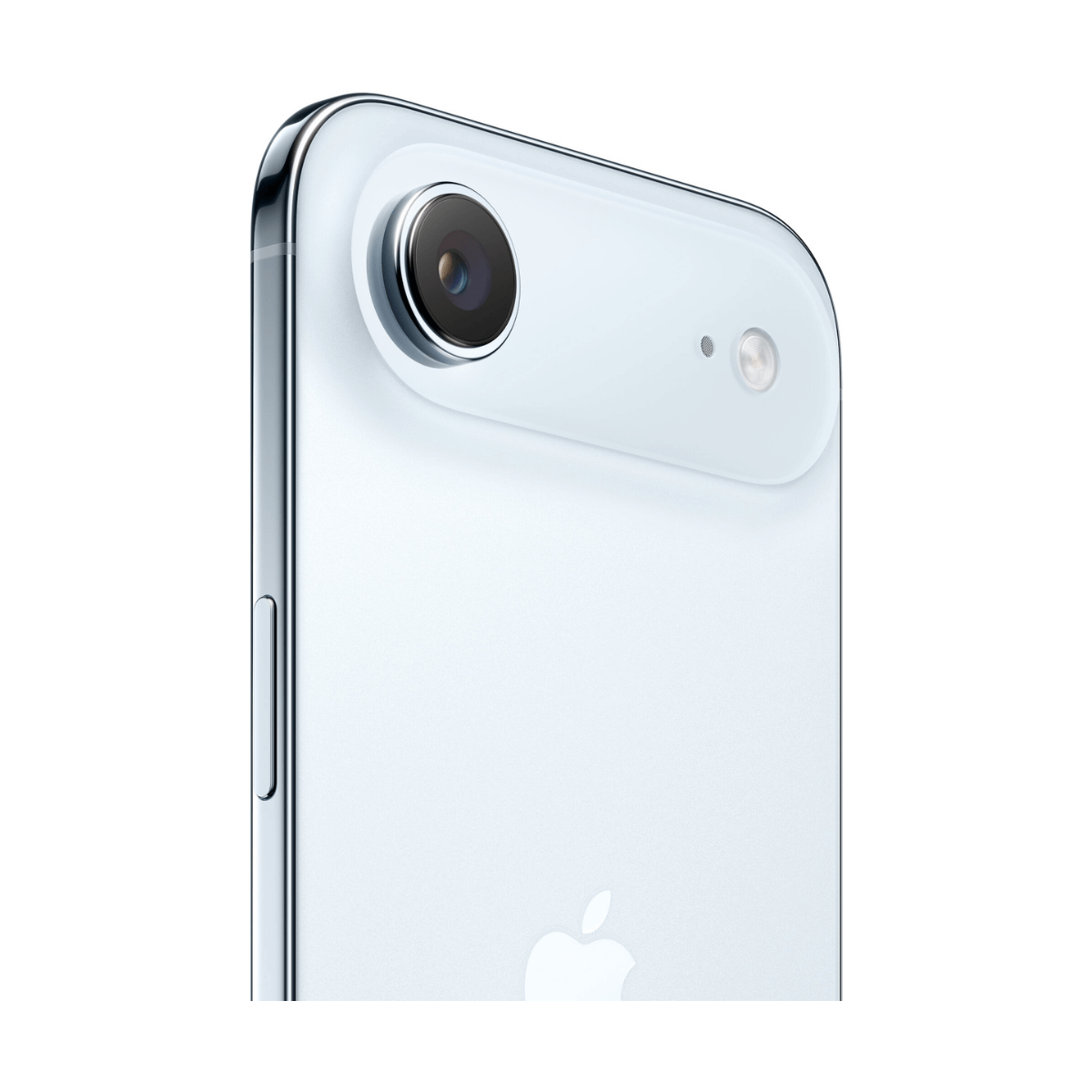 Zbliżenie jasnoniebieskiego smartfona. Tył posiada obiektywy aparatu i logo Apple. Widoczne błyszczące srebrne krawędzie i przyciski.