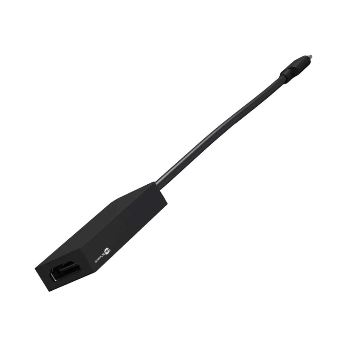 Ein schwarzer HDMI-Adapter mit langem schwarzem Kabel, abgewinkelt auf weißem Hintergrund. Der Adapter hat einen HDMI-Anschluss.