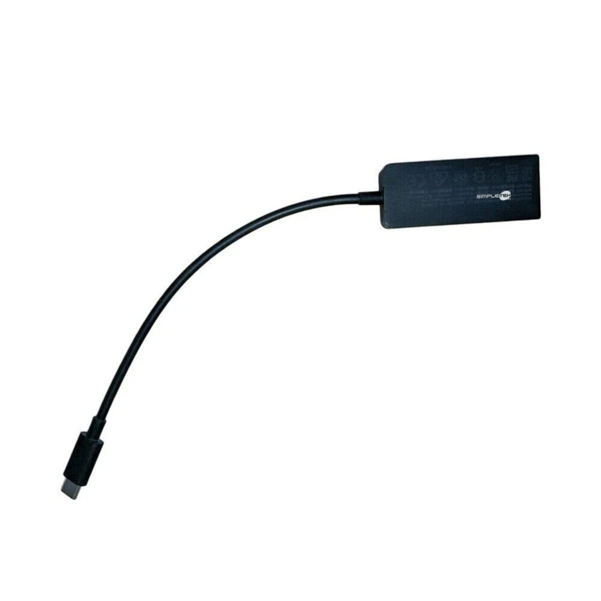 Ein schwarzer SimpleTech-Adapter mit einem gebogenen schwarzen Kabel und einem USB-C-Anschluss. Der Hintergrund ist weiß.