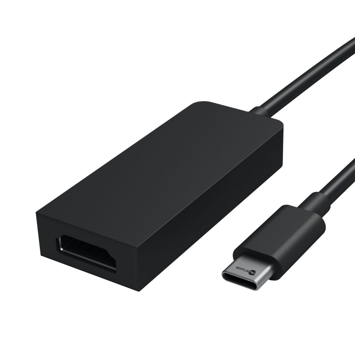 Ein schwarzer SimpleTek USB-C-auf-HDMI-Adapter. Der Adapter ist rechteckig mit einem HDMI-Anschluss. Das USB-C-Ende ist beschriftet.