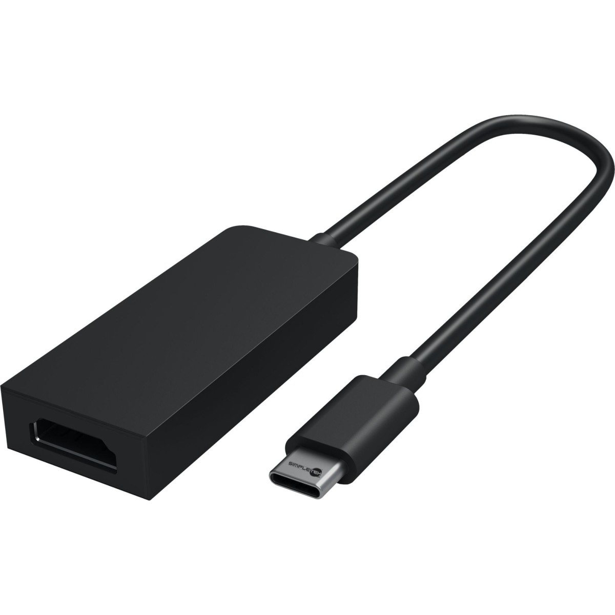 Ein schwarzes HDMI-zu-USB-C-Adapterkabel. Das HDMI-Ende ist rechteckig, das USB-C-Ende ist kleiner. Das Kabel ist gebogen.