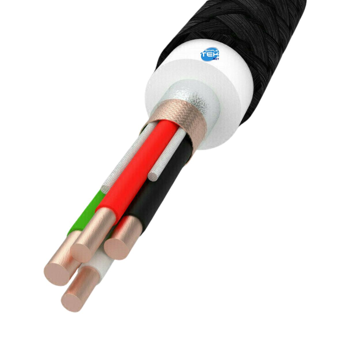 Sezione trasversale di un cavo elettrico. Mostra i fili interni: rosso, verde, nero e bianco, racchiusi in isolamento e uno strato esterno intrecciato nero.