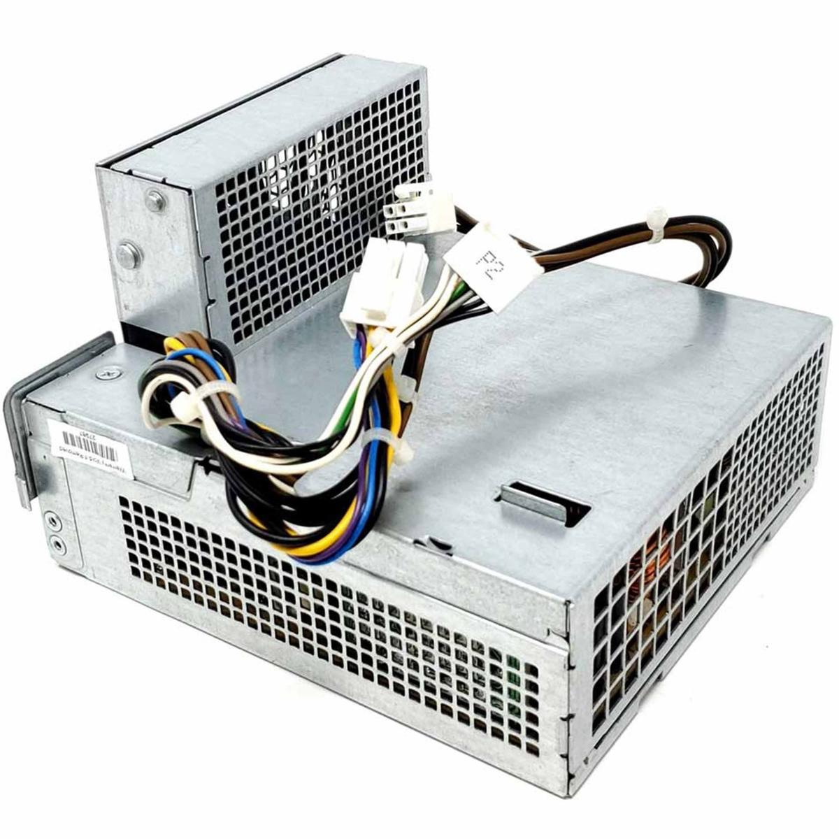 Un alimentatore per computer argentato con ventola e cavi colorati su una superficie bianca.