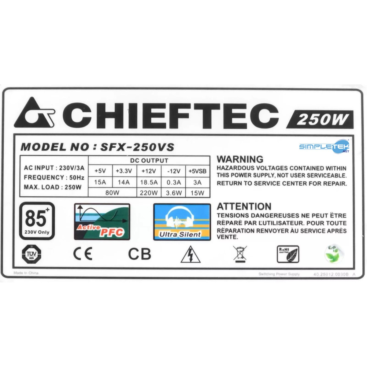 Etykieta zasilacza Chieftec 250W. Zawiera specyfikacje techniczne i ostrzeżenia. Etykieta zawiera loga i certyfikaty.