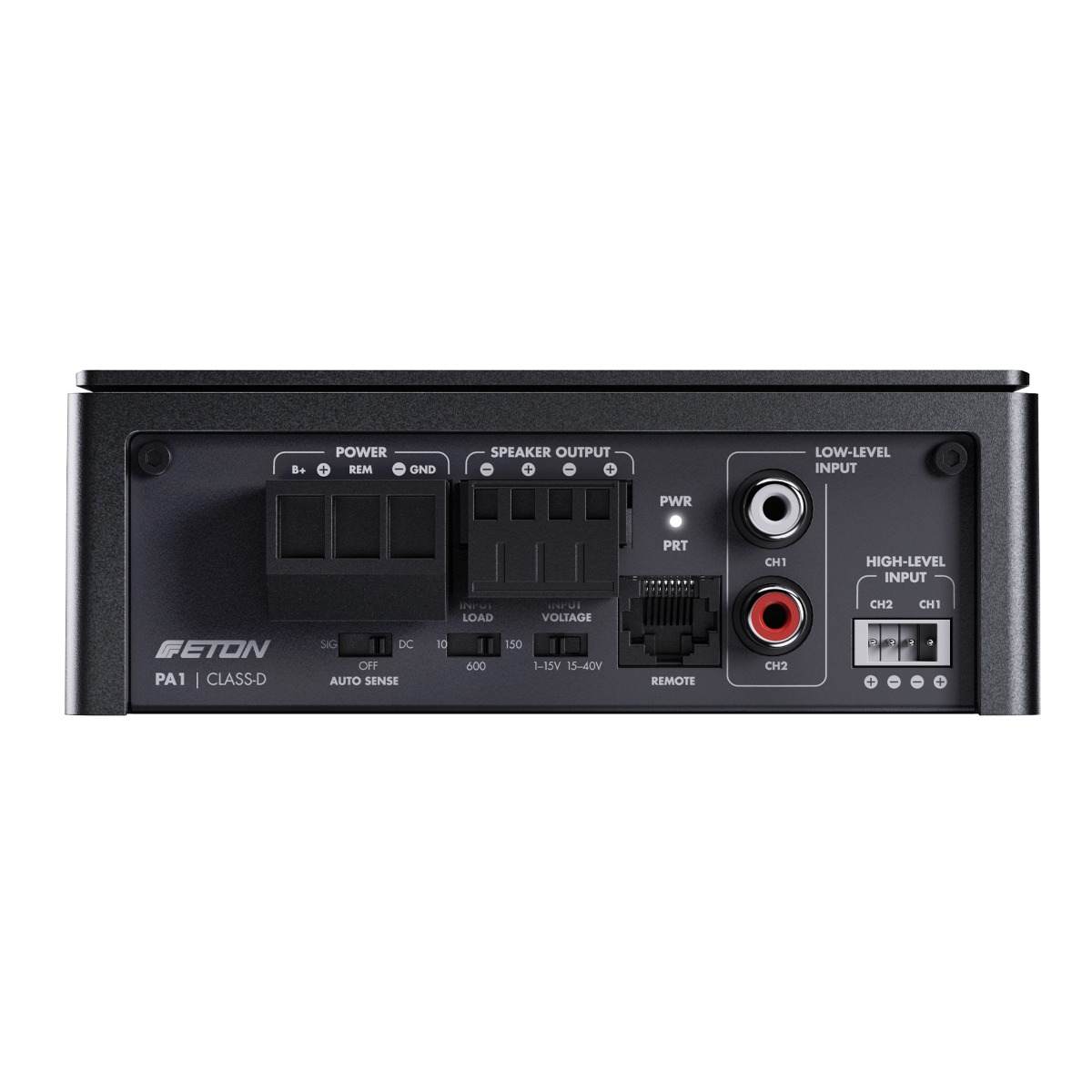 Schwarzes Rückpanel des FetOn PA1 Class-D-Verstärkers. Merkmale sind Stromversorgung, Lautsprecherausgang, Low- und High-Level-Eingänge.