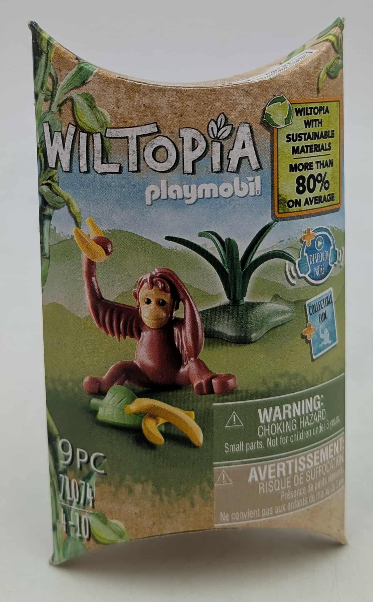 A Playmobil box shows a monkey toy with bananas. The box says 'Wiltopia' and 'Sustainable Materials'.