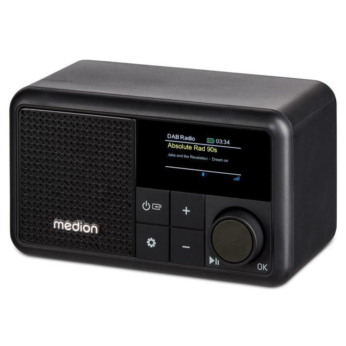 Black Medion DAB radio. Display shows 'Absolute Rad 90s' playing. Controls include power, volume, and a dial. The radio is on a white surface.