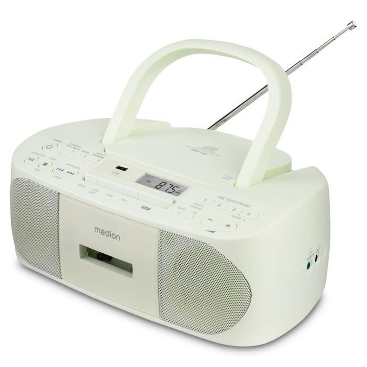 Un lettore radio/CD portatile bianco. Ha una maniglia, altoparlanti e un lettore di cassette. Un'antenna si estende dalla parte superiore.
