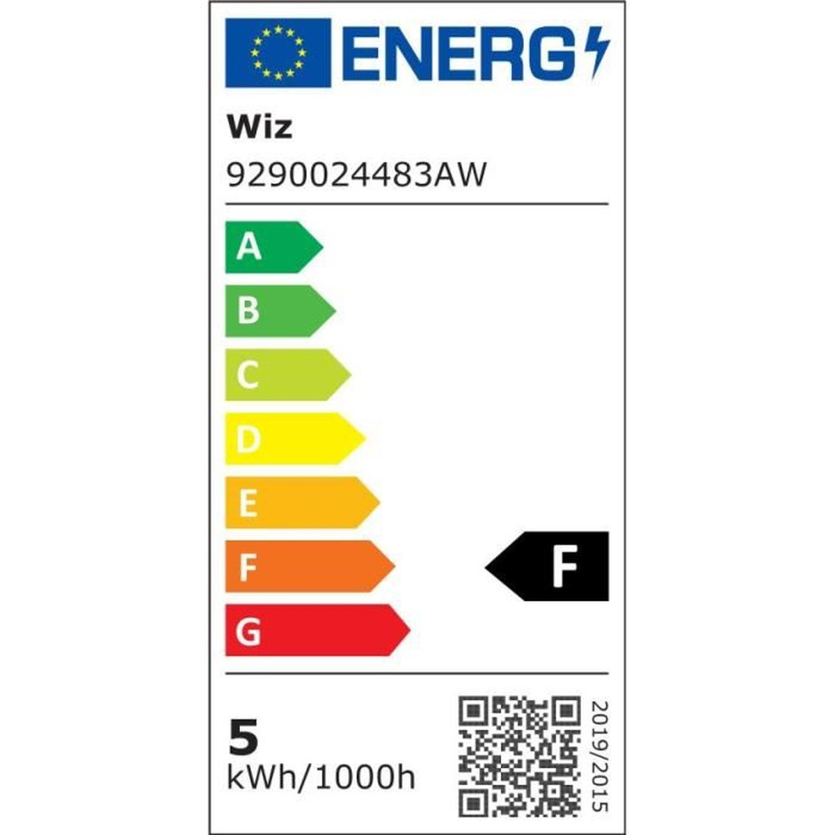 Etykieta energetyczna z marką 'Wiz'. Pokazuje klasy efektywności energetycznej od A do G, z wyróżnioną klasą 'F'. Wyświetla '5 kWh/1000h'.