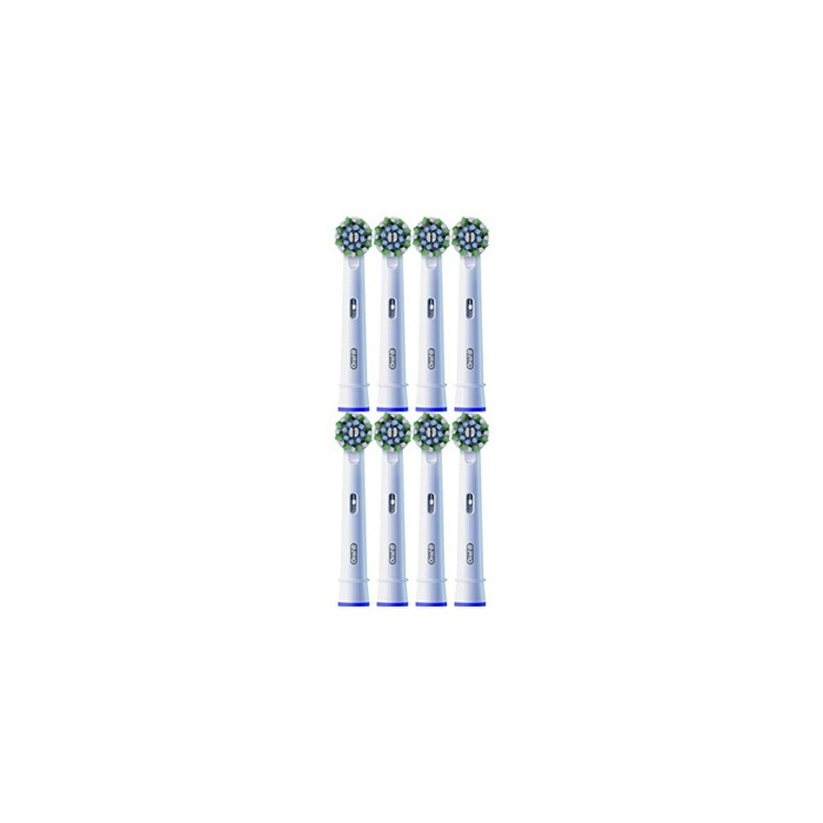 Otto testine per spazzolino Oral-B disposte verticalmente. Ogni testina ha una zona di setole verdi e blu e un corpo bianco.