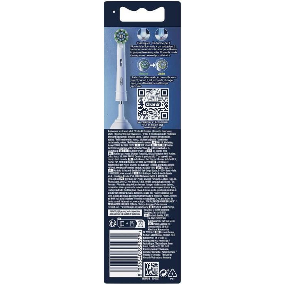 Confezione testina spazzolino. Testina bianca e verde con testo e codice QR su sfondo blu.