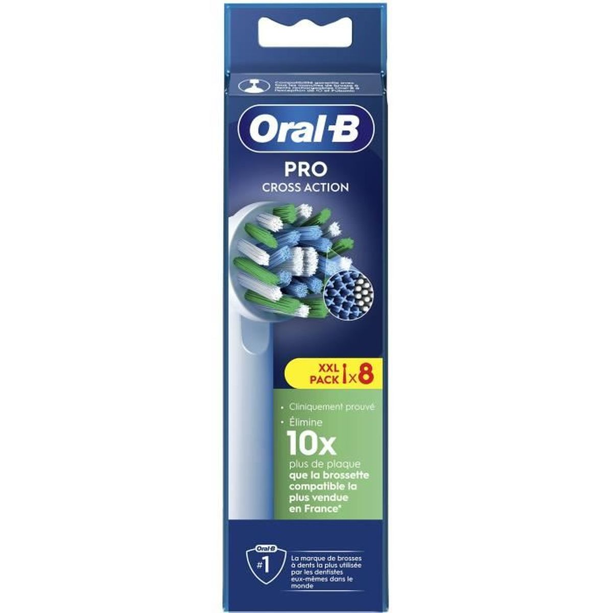 Confezione di testine per spazzolino Oral-B Pro Cross Action. La scatola mostra la testina e i dettagli sulla rimozione della placca.