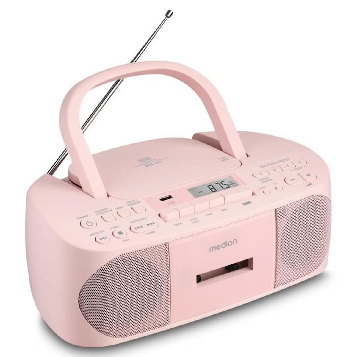 Rosa tragbares Radio mit Griff, Antenne, CD-Player und Kassettenschlitz. Das Display zeigt 87,5. 'medion' ist aufgedruckt.