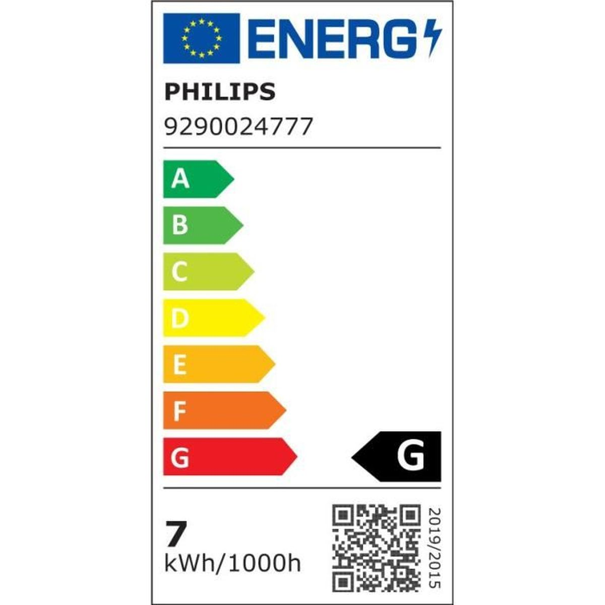 Etykieta energetyczna z logo Philips i klasami efektywności energetycznej od A do G. Ma ocenę G. Zawiera kod QR i zużycie energii.