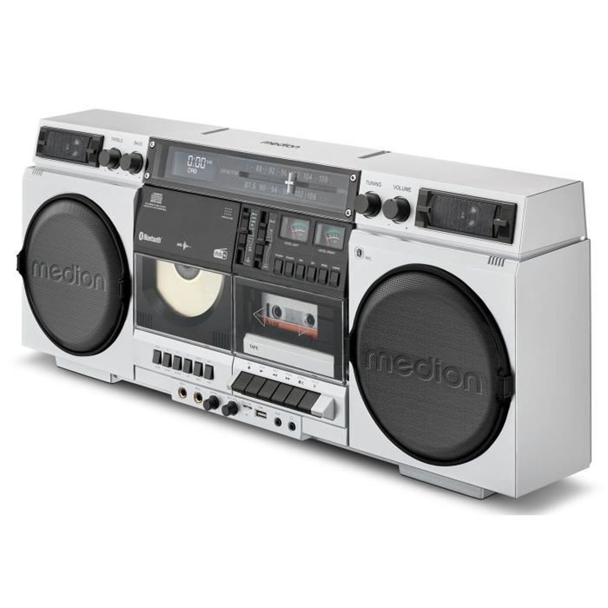 Ein silberner Medion-Boombox. Er hat einen CD-Player, ein Kassettendeck und Lautsprecher. Knöpfe und Display sind sichtbar.