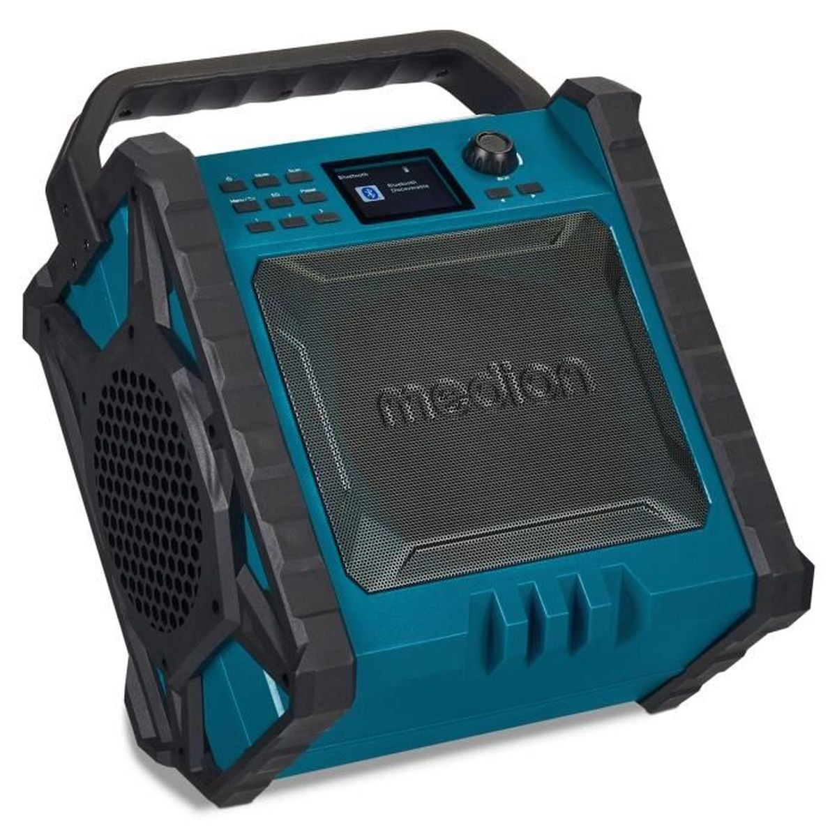 Une enceinte Bluetooth Medion turquoise et noire. Elle possède une poignée, un écran, des boutons et une grille de haut-parleur avec le logo Medion.