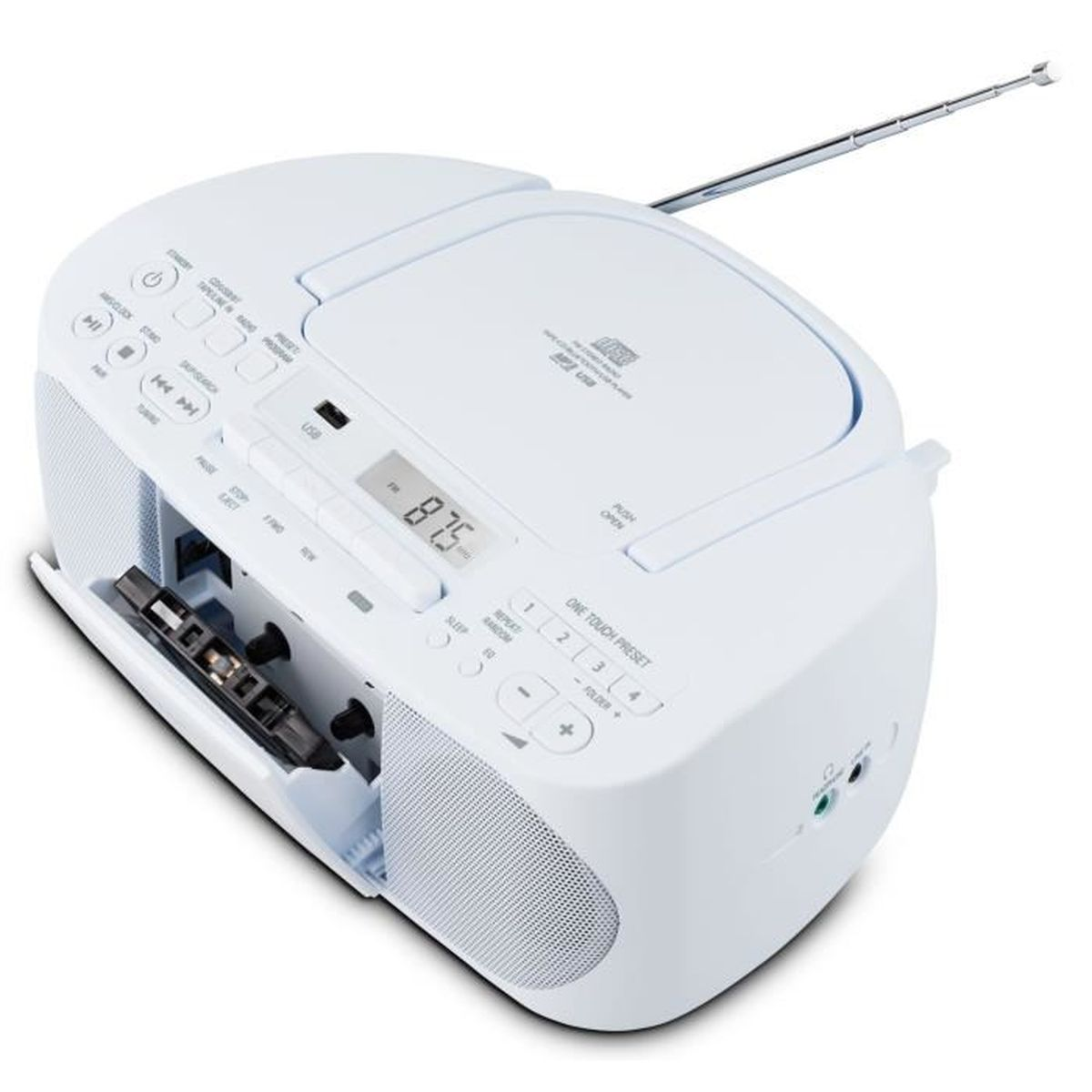 Uno stereo portatile bianco con una cassetta nello scomparto aperto, un lettore CD e un'antenna. La radio è sintonizzata su 87,5.
