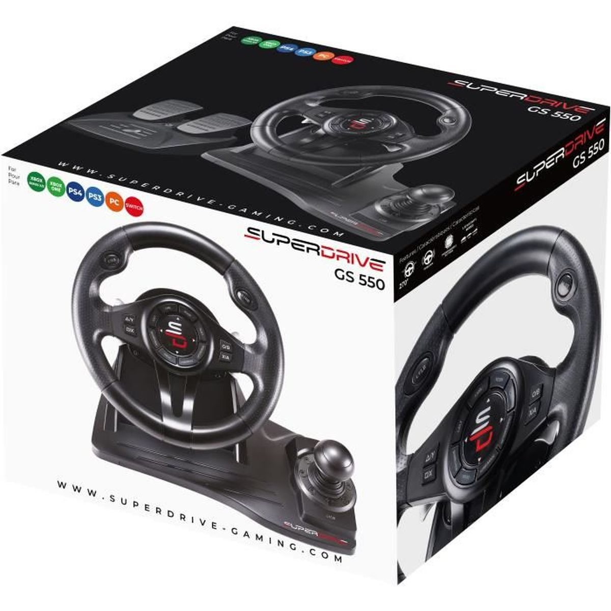 Ein schwarzes Superdrive GS 550 Gaming-Lenkrad- und Pedal-Set, dargestellt auf der Verpackung. Die Box zeigt Lenkrad und Pedale.