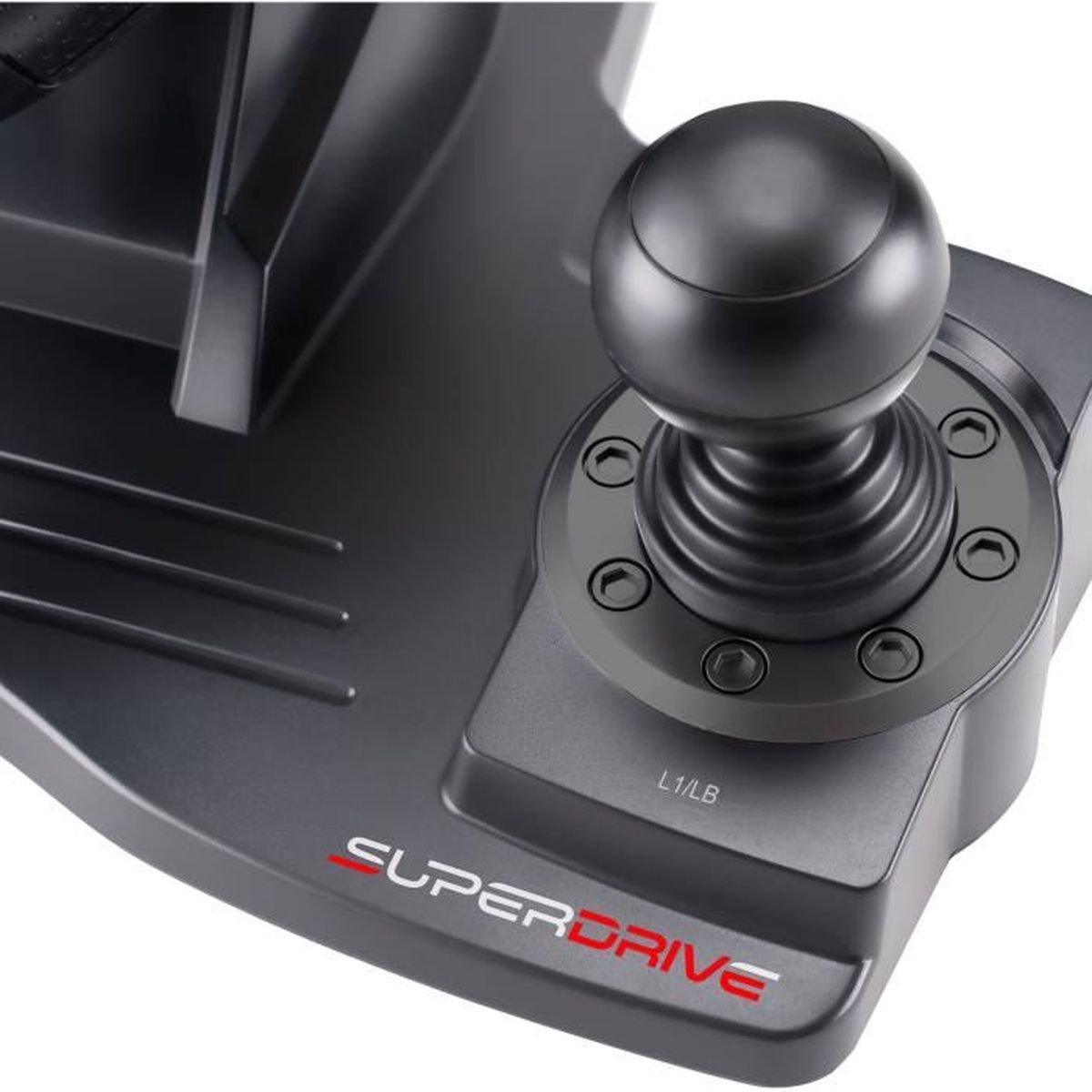 Ein grauer Joystick mit einem schwarzen, kugelförmigen Griff. Die Basis trägt das Wort 'SUPERDRIVE' in Rot. Tasten L1/LB sind sichtbar.