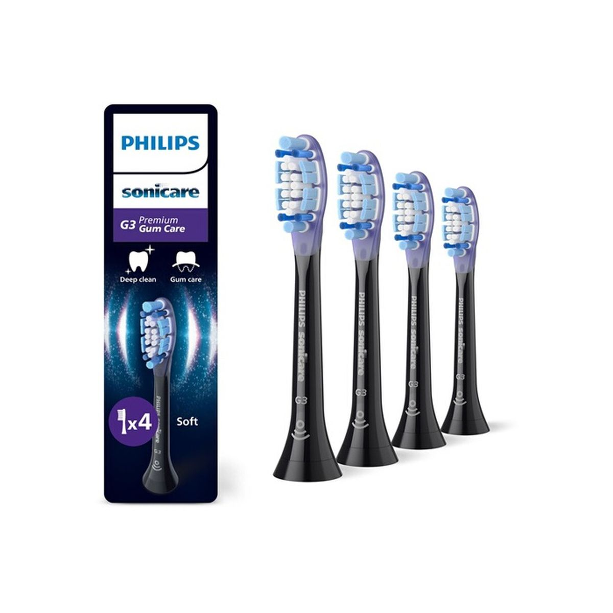 Cabezales de cepillo de dientes Philips Sonicare. Cuatro cabezales y una caja, cerdas blancas, detalles azules, mangos negros y una etiqueta.
