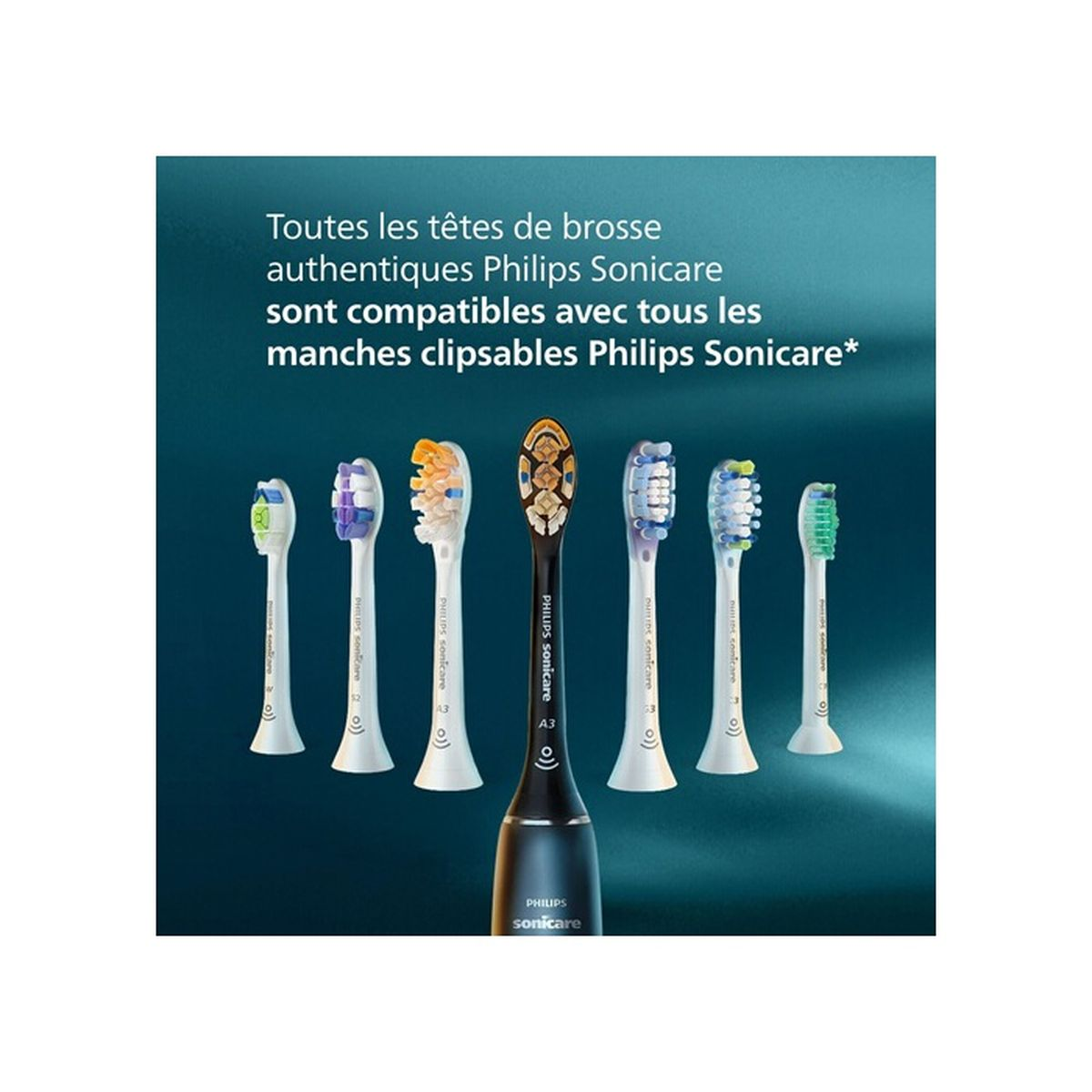 La imagen muestra varios cabezales de cepillo de dientes Philips Sonicare y un mango negro. El texto promociona la compatibilidad.