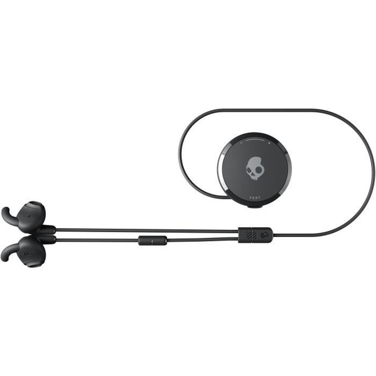 Auricolari Skullcandy wireless neri con custodia di ricarica circolare e logo teschio su sfondo bianco.