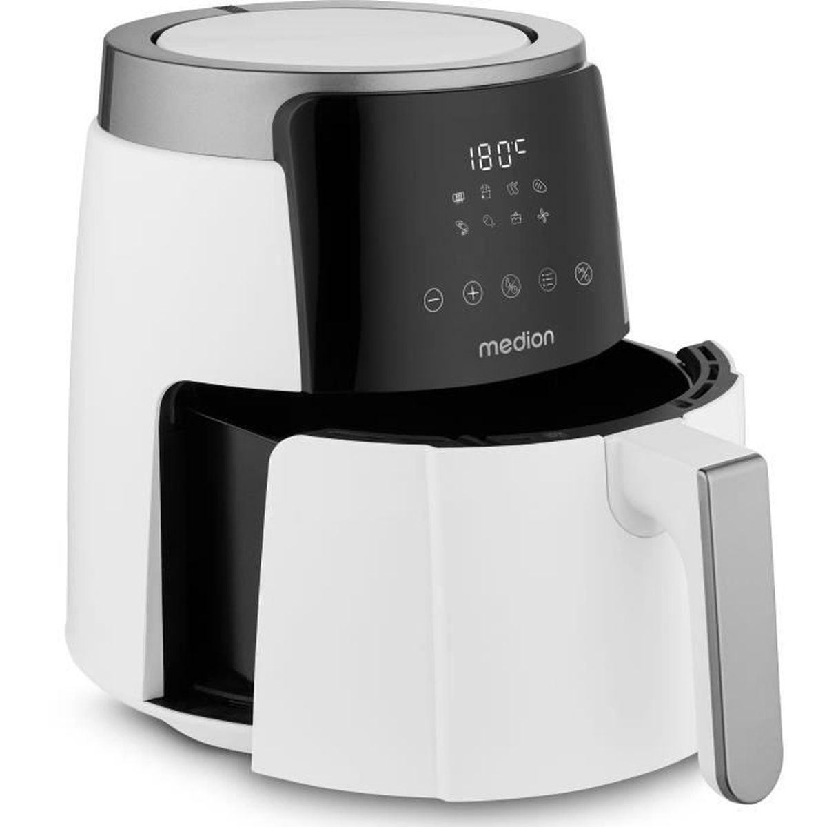 Witte en zwarte airfryer met een digitale display die 180°C weergeeft. Het heeft een handvat en de merknaam 'medion'.